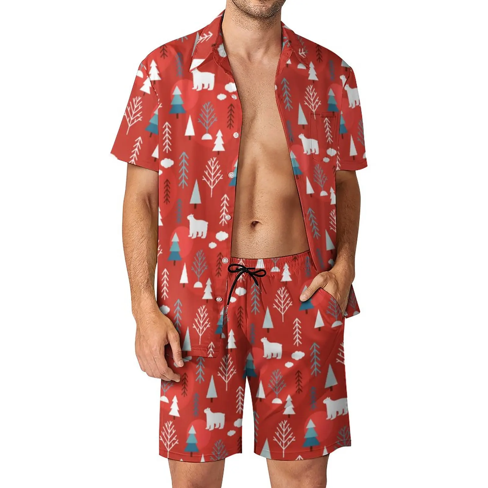 

Christmas Holidays Beach Men Sets Winter Polar Bear Casual Shirt Set Summer Graphic Shorts 2 Piece Hawaii Suit Plus Size