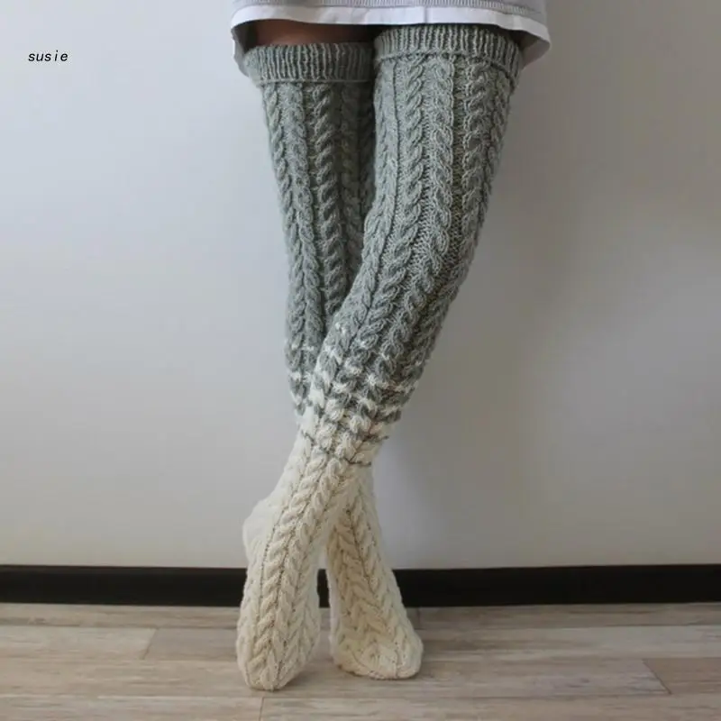 

X7YA Women Autumn Winter Cable Knit Over Knee Winter Boot Socks Colorblock Striped Thigh High Leg Warmer Long Stockings