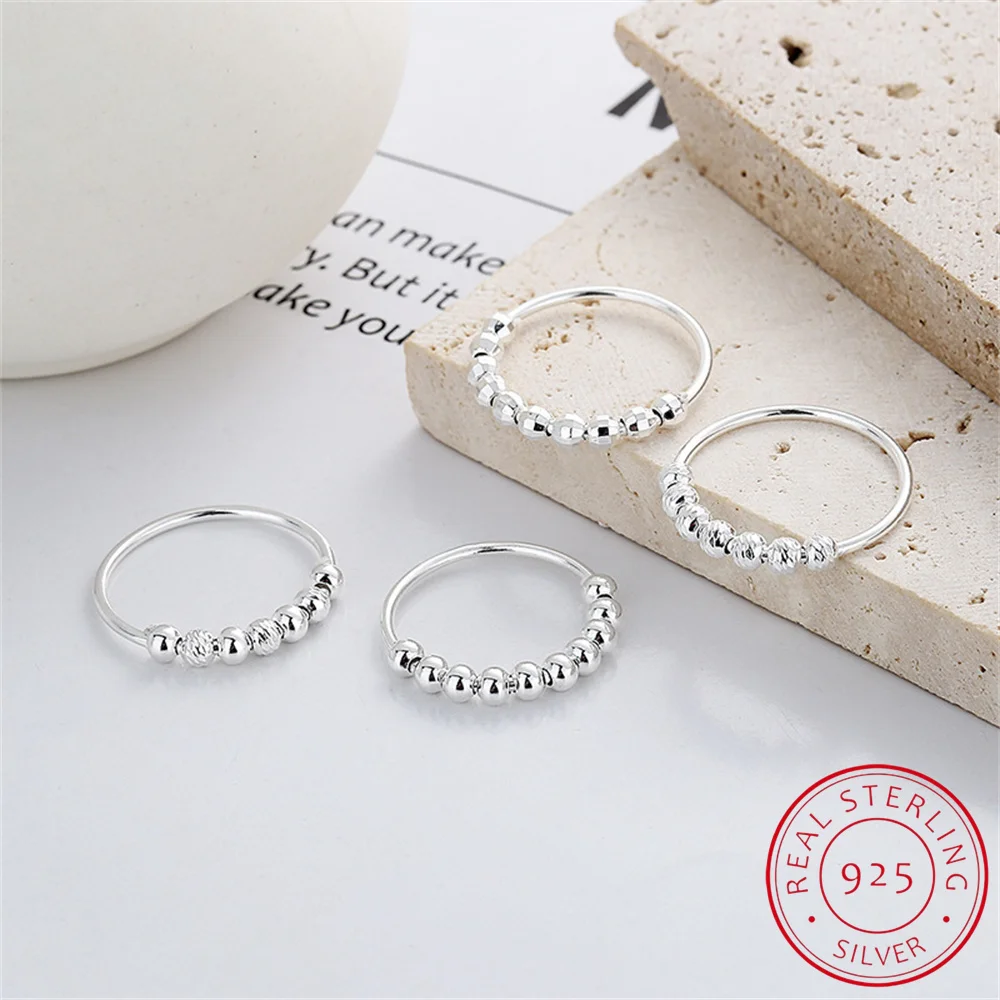 

S925 Sterling Silver Round Rotate Bead Irregular Ring for Women New Fashion Jewelry Anti Stress Anxiety Ring Gift