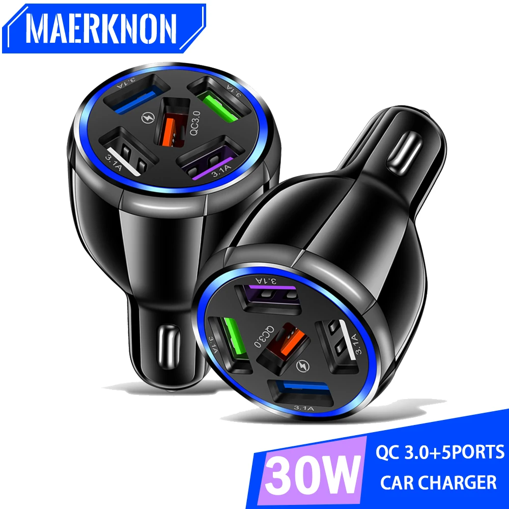 

5 Ports USB Car Charger 30W Fast Charging Quick Charge 5.0 Car Mobile Phone Charger Adapter For iPhone 14 13 Xiaomi mi Samsung