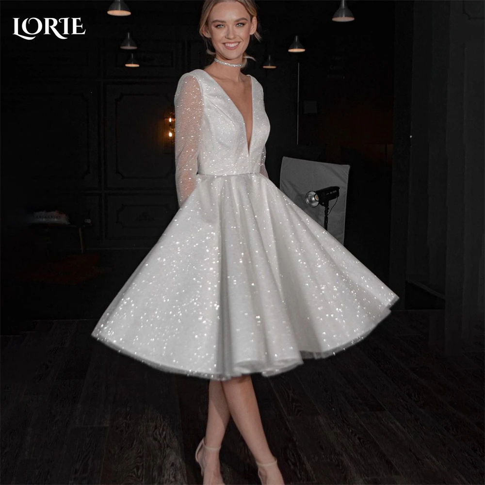 

LORIE Elegant Glitter Wedding Dresses Cap Sleeves A-Line Shiny Deep V-Neck Knee-Length Bridal Gowns Sparkly Bohemia Bride Dress