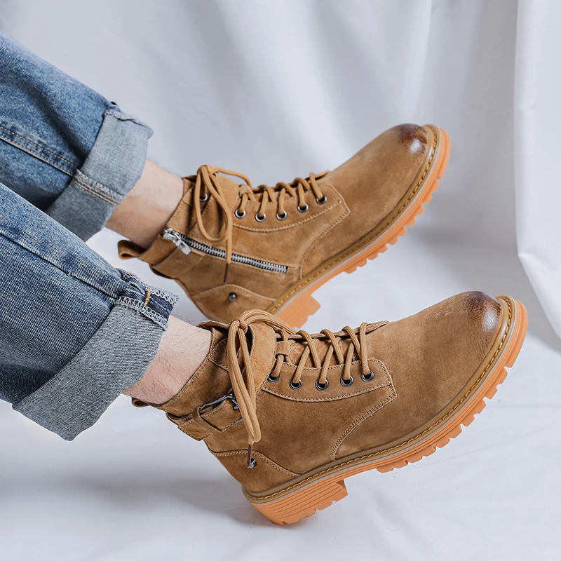 Мужские ботильоны на толстой подошве черные кожаные мотоциклетные ботинки