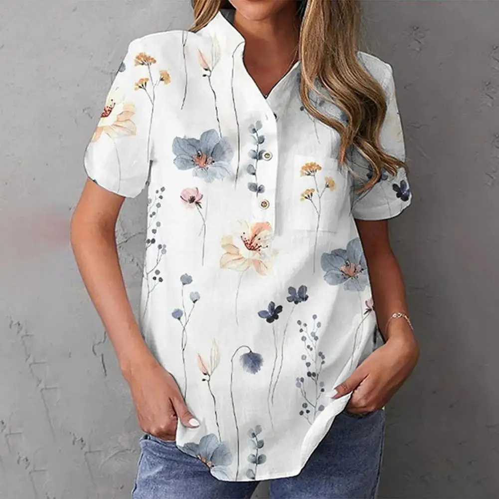 

Elegant Women Blouses Casual Stand Collar V-neck Shirt Tops Short Sleeve Pocket Printing Loose Fit Blouse Tops 2023 Holiday