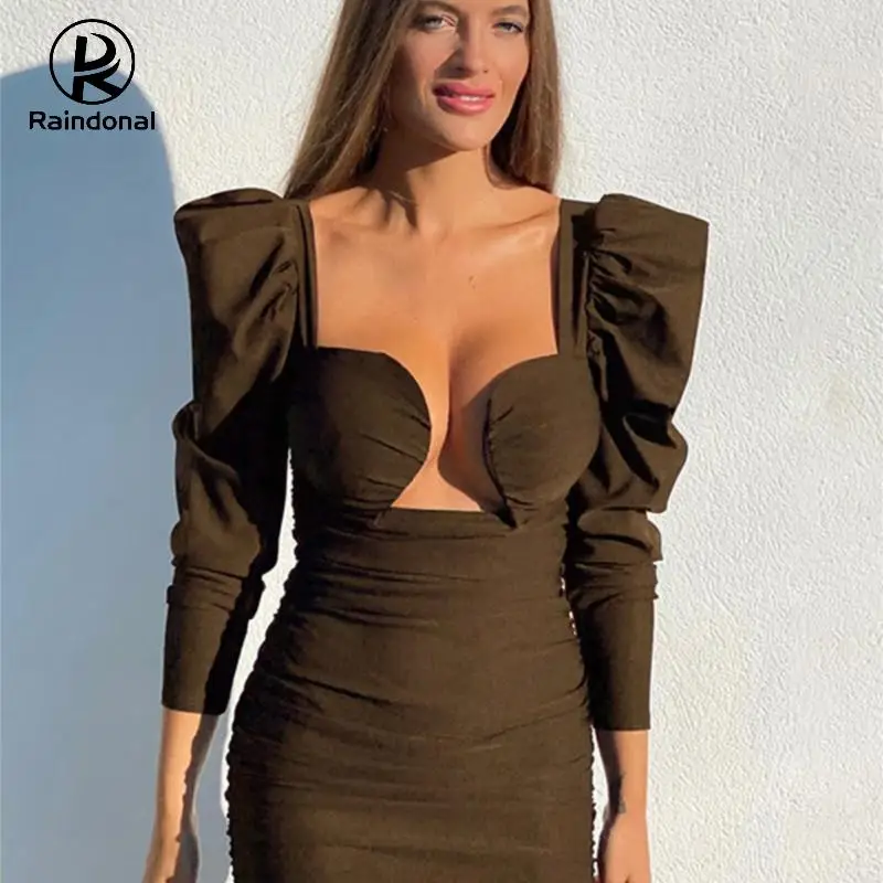 

Raindonal 2022 Summer Puff Sleeve Pleated Dress Sexy Elegant Bodycon Streetwear Casual Solid V Neck One Step Women Vestidos Y2k