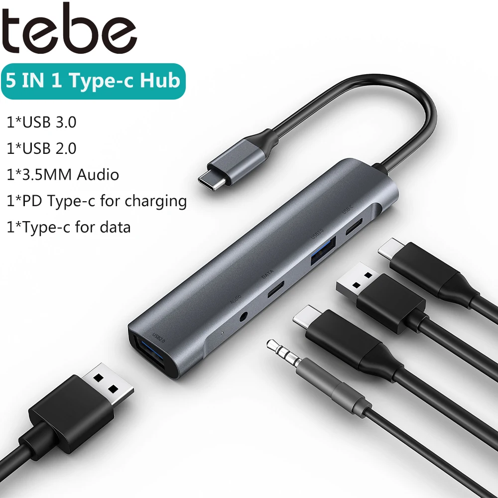 

Tebe Type-c 3.0 Hub Adapter 5 IN 1 USB C to 3.5mm Audio Headphone Jack USB 2.0/3.0 Splitter PD Fast Charging Data For Macbook