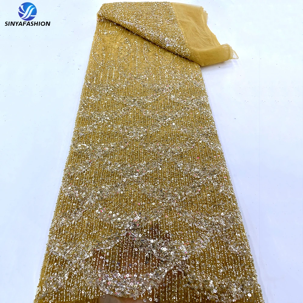 

Sinya High Quality Heavy Beaded Lace Fabric Fully Beaded And Sequins African Lace Fabric Wedding Bridal Dress For Party