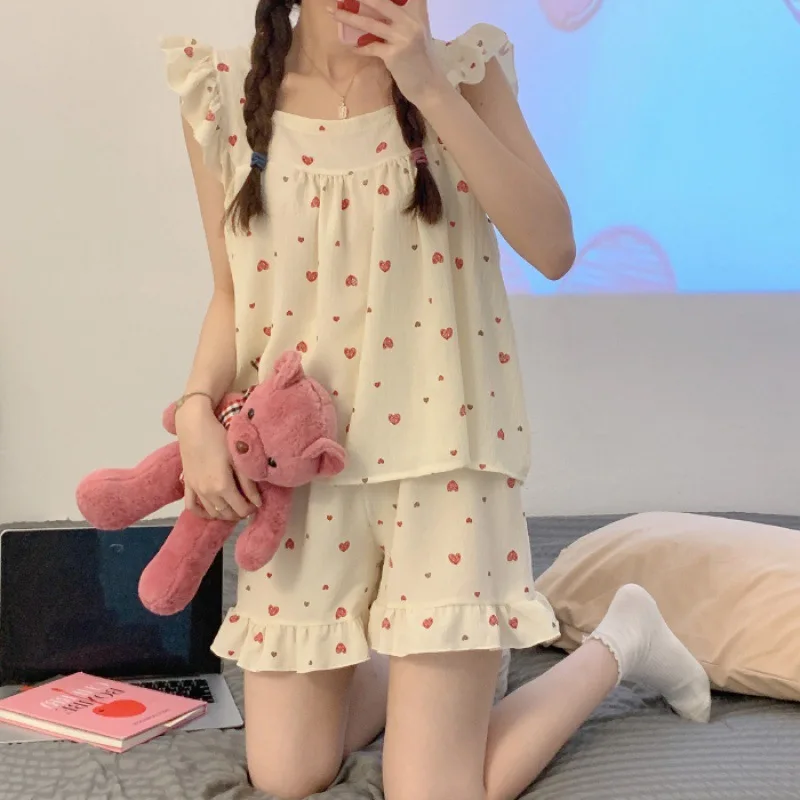 Summer 2023 new pajama women's woven wrinkled foam camisole single women's loungewear set can be worn outside