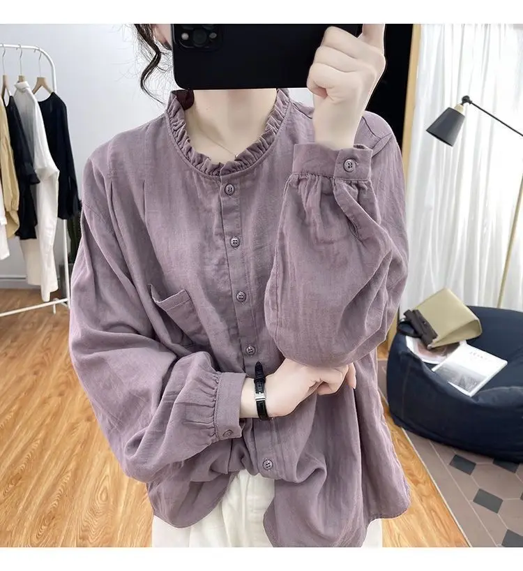 

Womens Clothing New Autumn Ruffle Solid Vintage Cotton Linen Button Up Shirt Casual Streetwear Y2K Blouse Loose Long Sleeve Tops