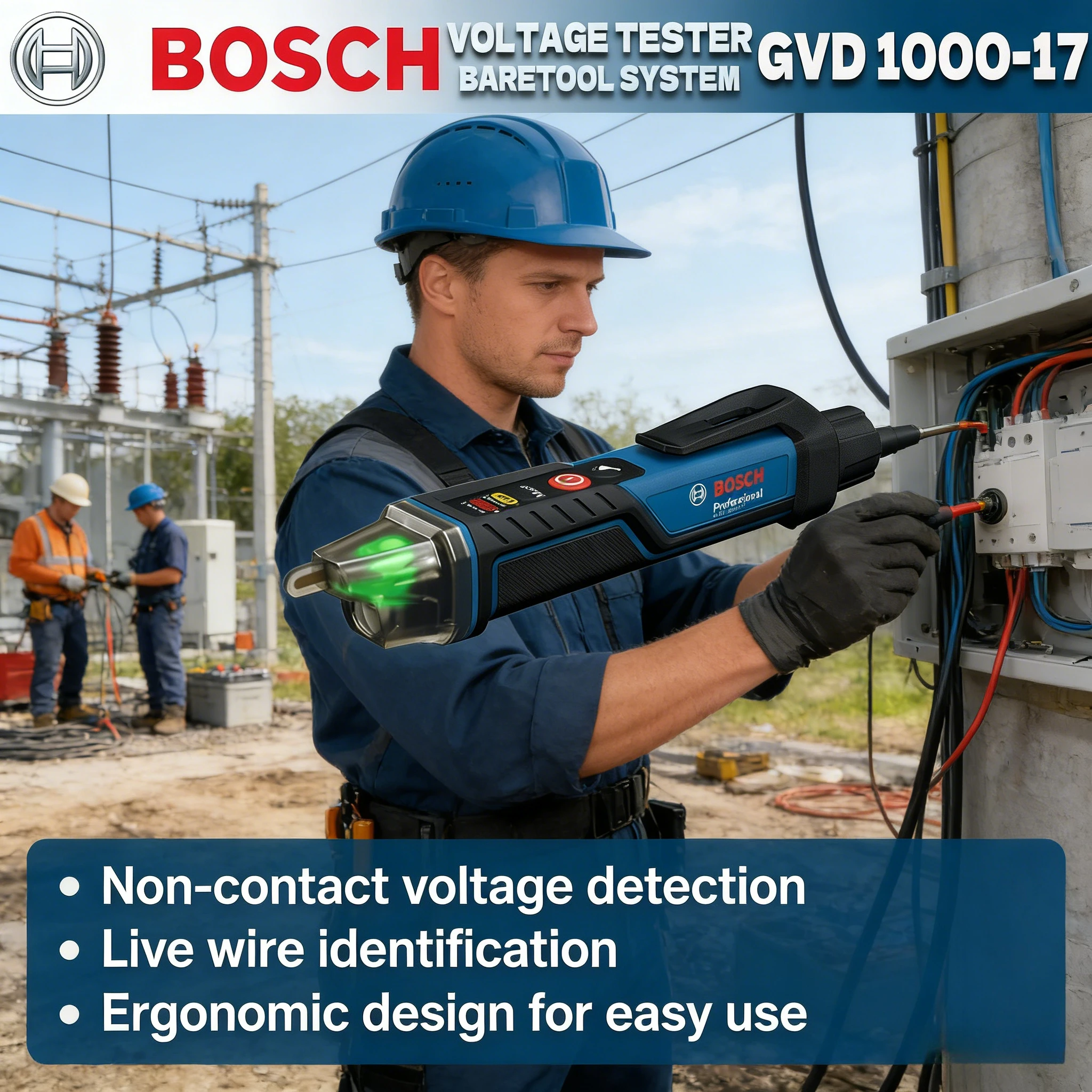 Фото Бесконтактный тестер напряжения BOSCH GVD 1000-17 Professional с функцией самотестирования, класс защиты IP67, двойное напряжение, для работы с электродрелью №1