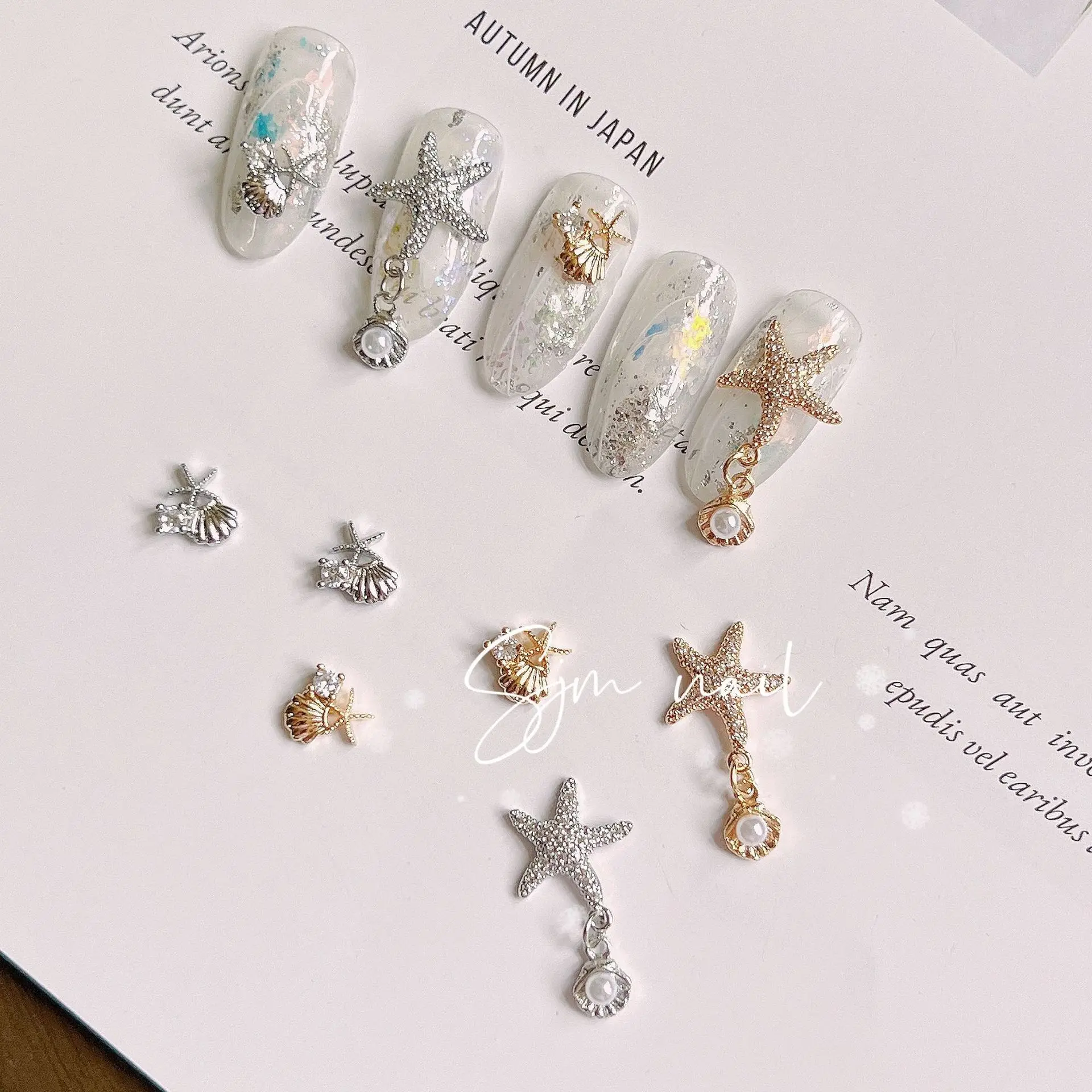 20Pc Zircon Dangle Starfish+Shell Nail Decoration Pearl 3D Copper Marine 3D Charm Manicure DIY Chain Pendant Nailart Accessories