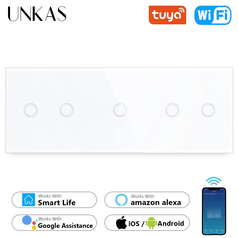 

UNKAS 5 Gang WiFi Touch On / Off Light Switch 2 + 1 + 2 White Black 228mm Class Panel Work For Tuya Alexa / Google Home Outlet
