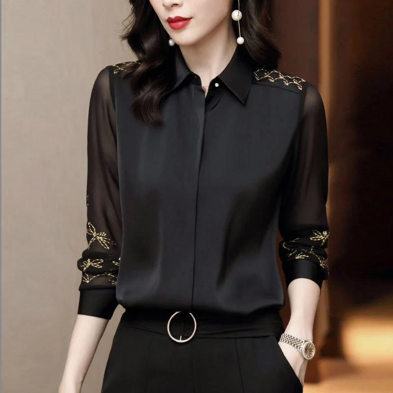 

Women Spring Autumn Style Chiffon Blouses Shirts Lady Embroidery Long Sleeve Turn-down Collar Lace Decor Blusas Tops