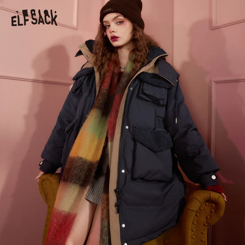 ELFSACK Detachable Hooded Warm Down Coats Women 2022 Winter Mid-length Cargo Coats