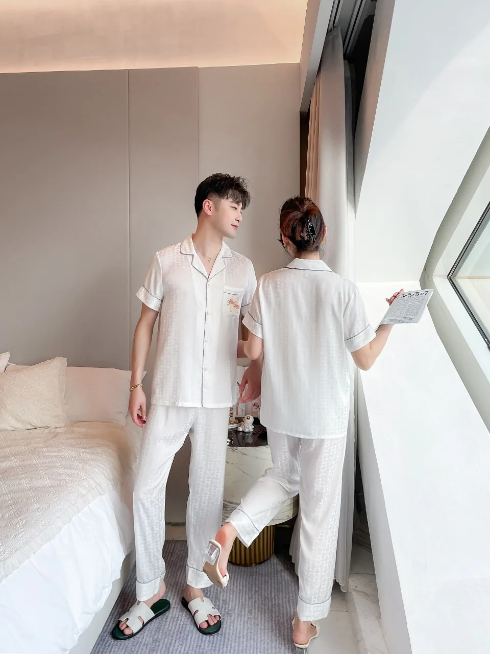 [Women's pajamas] [high-quality]New Ice Silk Couple Pajamas Men's Spring/Summer Thin Pajamas Women's Sweet Home Suit Set