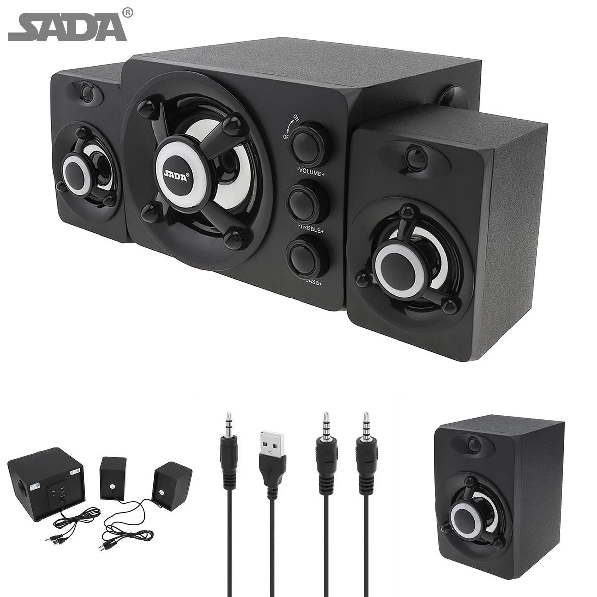 SADA D-208 2.1 Mini Black 3W Wooden 3D Surround Sound Subwoofer Music USB Computer Speaker  for Desktop TV PC Smartphone