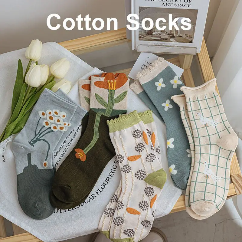 

Spring Autumn Japanese Harajuku Vintage Flower Women's Socks Cute Sweet Fashion INS Rolled Cotton Socks Good Quality Gifts Girl