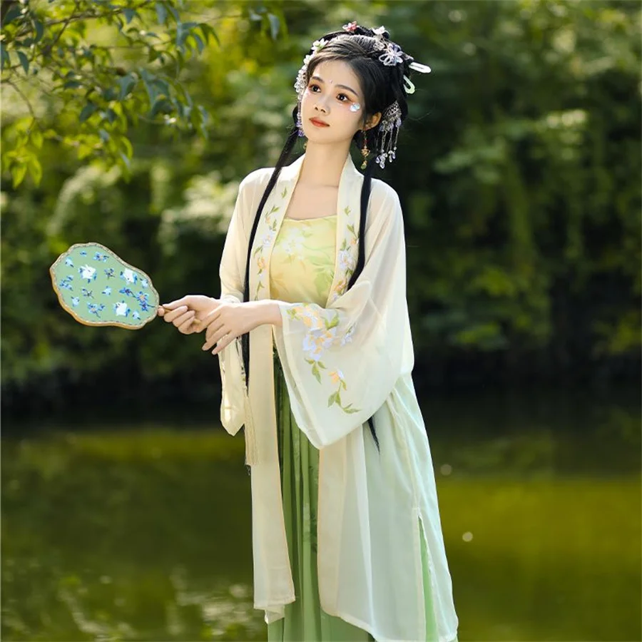 Женское платье Hanfu в китайском традиционном стиле зеленое пол с квадратным