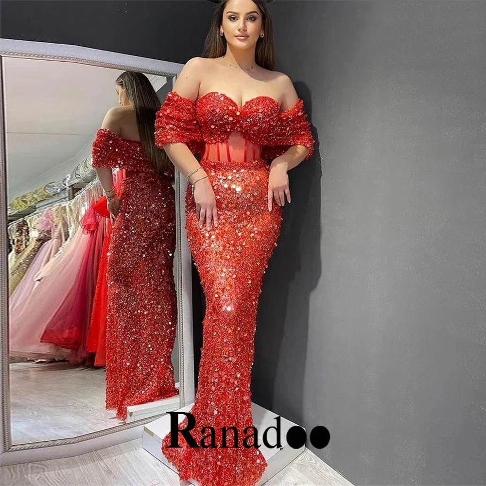 

Red Evening Dresses Long Luxury 2022 Sparkly Long Off The Shoulder Arabic Trumpet Floor Length Illusion Zipper Abendkleider