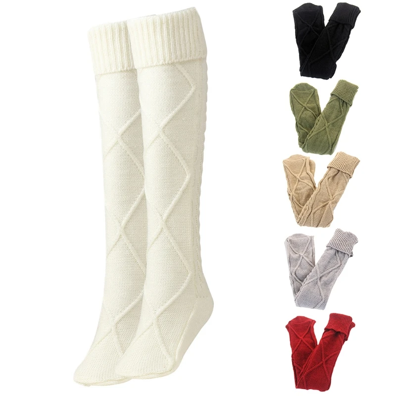 Women Cable Knit Diamond Pattern Thigh High Socks Solid Color Turn Cuff Crochet Over Knee for Extra Long Stockings Winter Boot