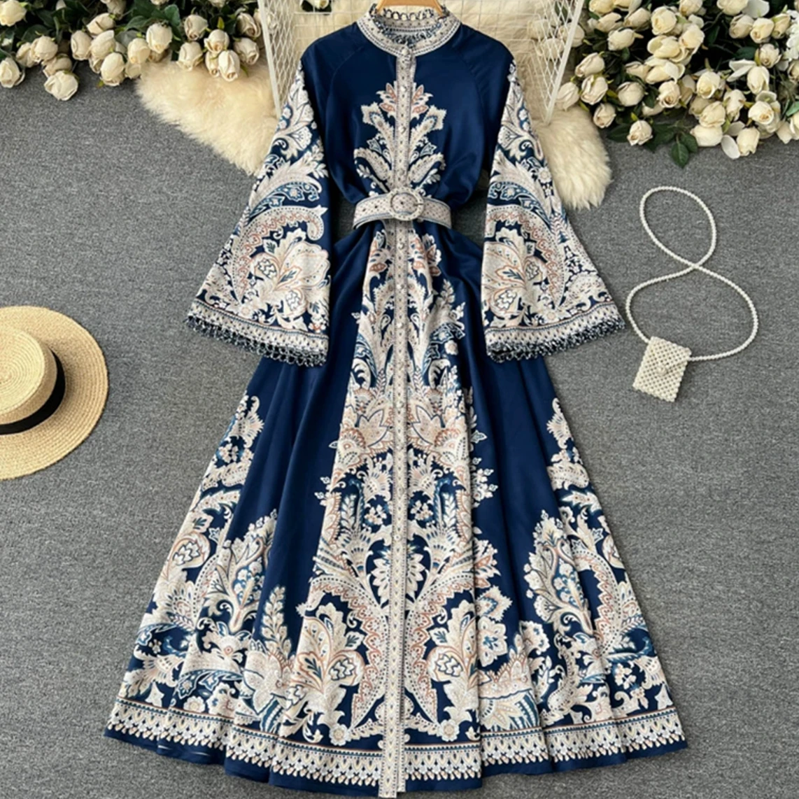 

Женское длинное платье с винтажным принтом, Элегантное однобортное плиссированное платье с круглым вырезом и расклешенными рукавами, осень 2023