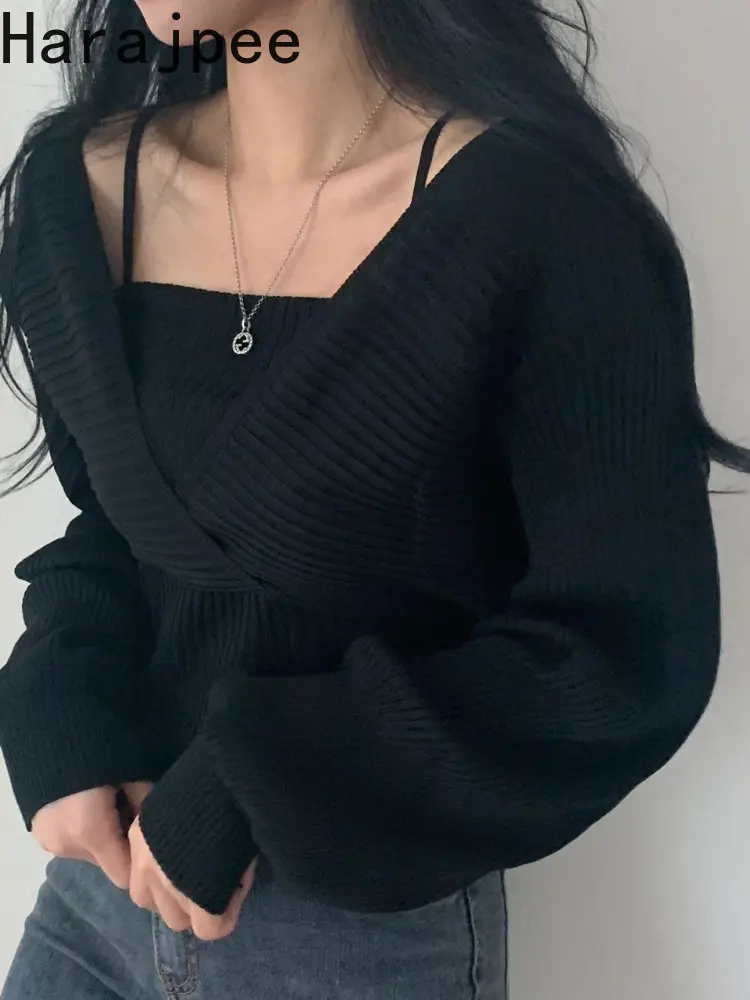 

Элегантный однотонный вязаный кардиган Harajpee с V-образным вырезом и перекрещивающимися вставками из двух частей, женский новый универсальны...
