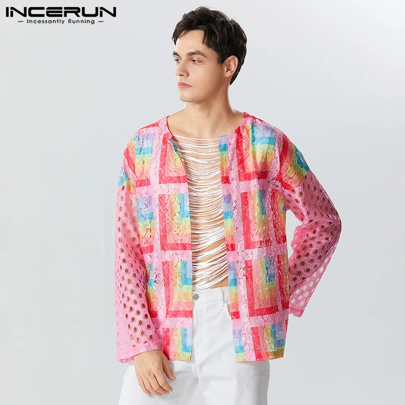 

2023 Fashion Men Shirt Lace Mesh Transparent Print Patchwork Open Stitch Long Sleeve Cardigan Streetwear Sexy Camisas INCERUN