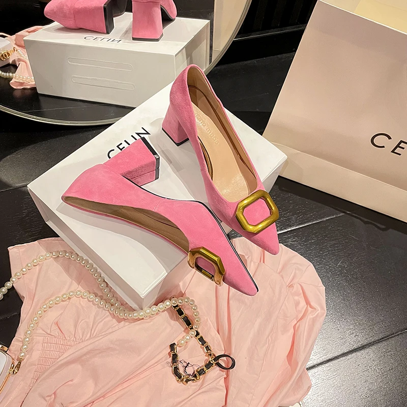 34-39 pink pointed frosted sheepskin metal buckle high heeled sheepskin insole thick heeled women's shoes