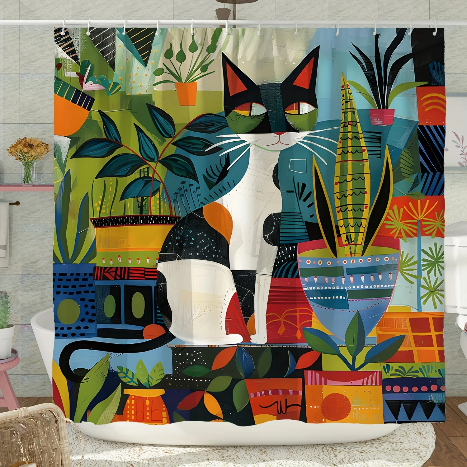 

Полиэстерная водонепроницаемая занавеска для душа с принтом кота и растений