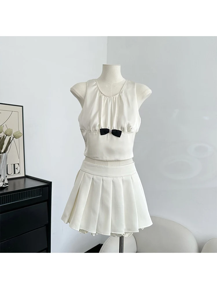 

2023 Summer Women Coquette 2000s Aesthetic Outfits 2 Piece Set Sleeveless Crop Top + Mini Pleated Skirts Short Korean Fashion