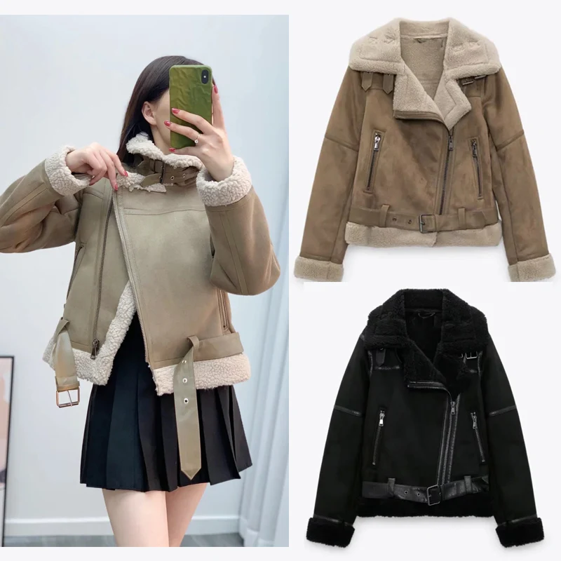 

Xitimeao New Winter Retro Lapel Velvet Padded Fur One Coat Warm Fur Locomotive Hair Motorcycle Clothing Bomber Short Jacket