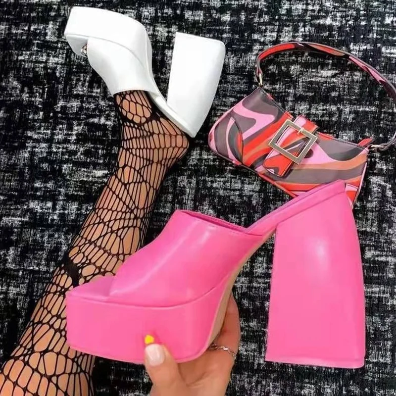 

2022 New High Heels Women Sandals Thick Platform Female Slippers Buckle Strap Dress Office Ladies Wedding Microfiber Leather