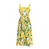 french new yellow printed suspender skirt 2022 spring and summer new self cultivation high waist a line mid length dress