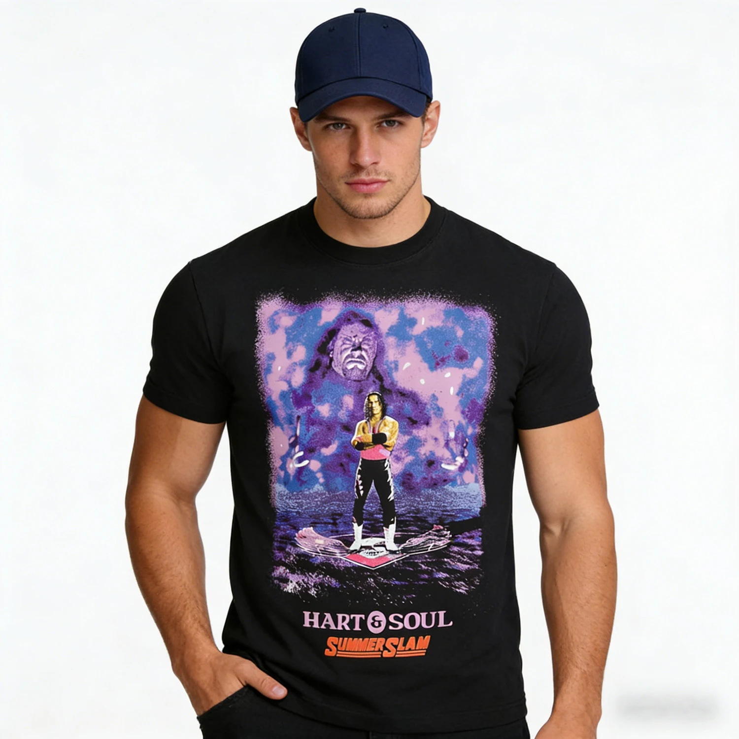 Фото Мужская черная футболка с винтажным принтом Bret Hart Hart&Soul, классическая модная модель, свободного кроя, дышащая, подходит для активного отдыха на природе №2