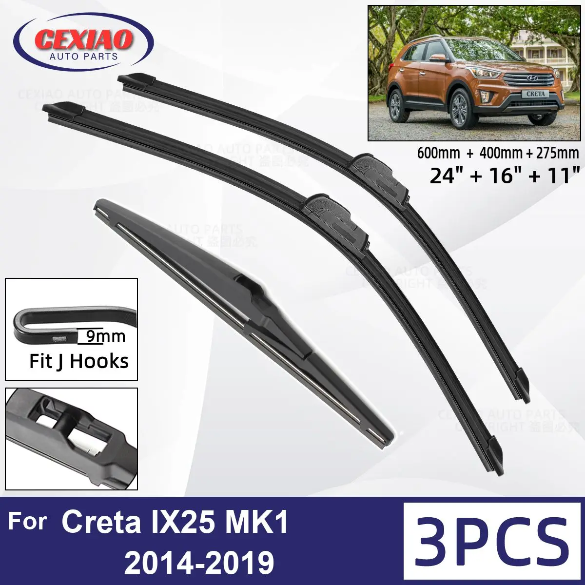 

For Hyundai Creta IX25 MK1 2014-2019 Car Front Rear Wiper Blades Soft Rubber Windscreen Wipers Auto Windshield 24"+16"+11" 2018