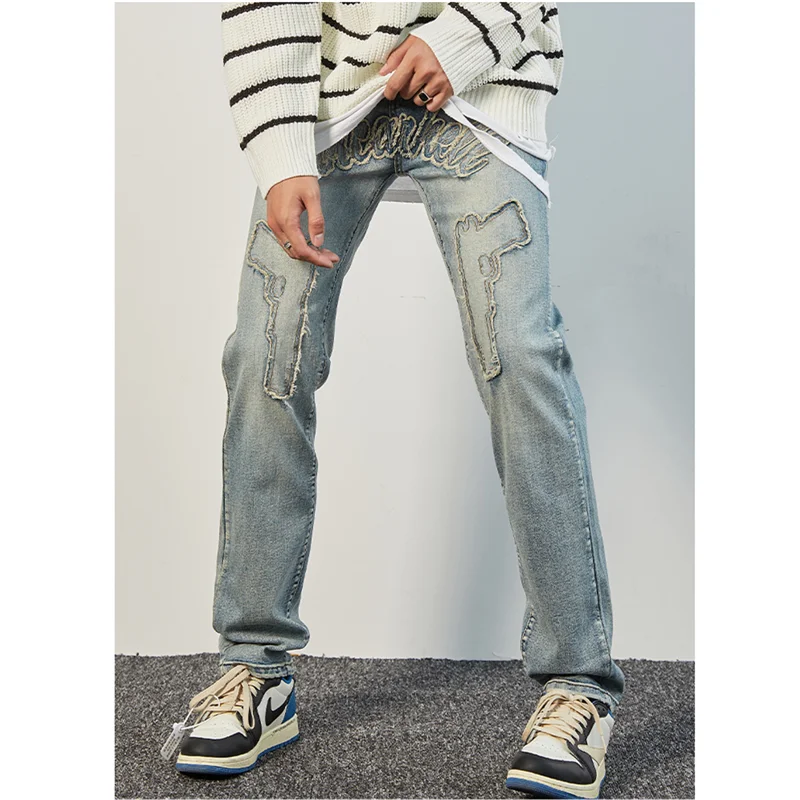 Streetwear Men 2022 New Pattern Vintage Recreational Blue Pants Applique Straight Cylinder Comfortable Loose Jeans Autumn Female