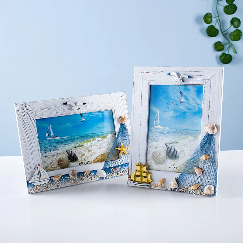 

6 Inch Ocean Photo Frame Summer Shell Wooden Frame Supply Mediterranean Personality Wooden Table Frame Ornaments Picture Frame