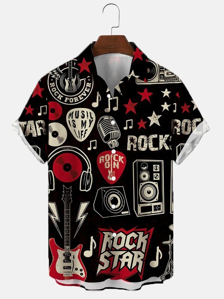 

New Single Breasted Lapel Shirts Men Culture Music Casual Short Sleeve Tees Printed Clothes Oversize Tee Shirts for Men Summer