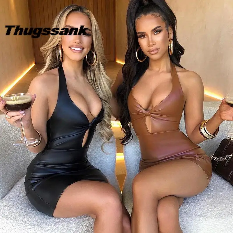 

abiti da sera summer new women's fashion sexy neck hollow-out backless PU low-cut cultivate one's morality dress is female