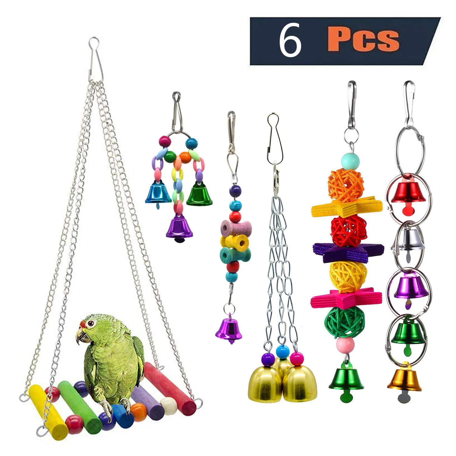 

6pcs Set Parrot Toys Colorful Swing Cage Toys Wooden Hanging Bird Swing Bells Rope String Small Swing Ring Budgie Bird Chewing