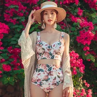 new 2022 korean hot spring printed high waist covered bikini split steel chest gathered swimsuit womens summer beach swimsuit
