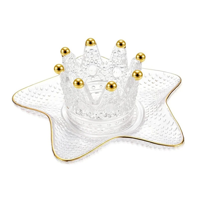 

2Pcs Crown And Star Shaped Crystal Glass Jewelry Display Tray Set For Rings Necklaces Organizer Dish,Candle Stand Holder