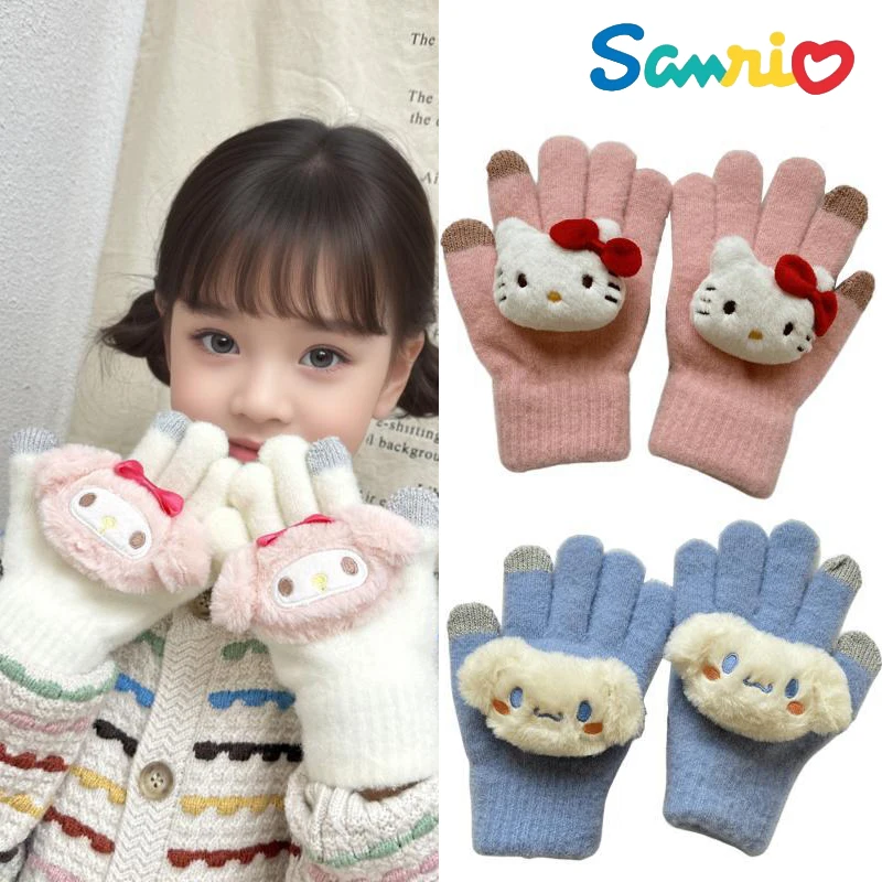 

Sanrios My Melody Cinnamoroll Hellokittys Kuromi Winter Keep Warm Plush Gloves Elasticity Soft Knitted Girl Full Fingers Mittens