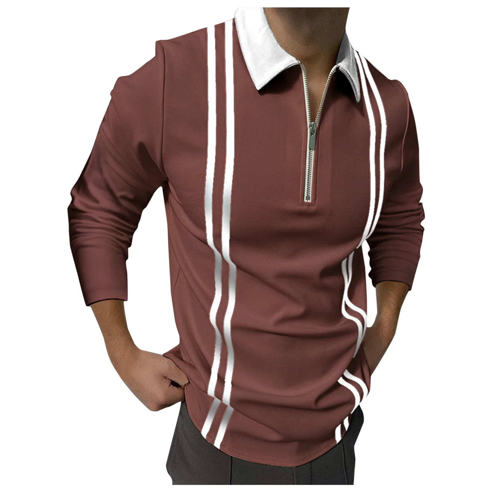 

Men's Casual Top Shirt Splice Strip Zipper Turn-Down Collar Top Blouse Long Sleeve Pocket Casual Polos Shirt Black Shirts Men