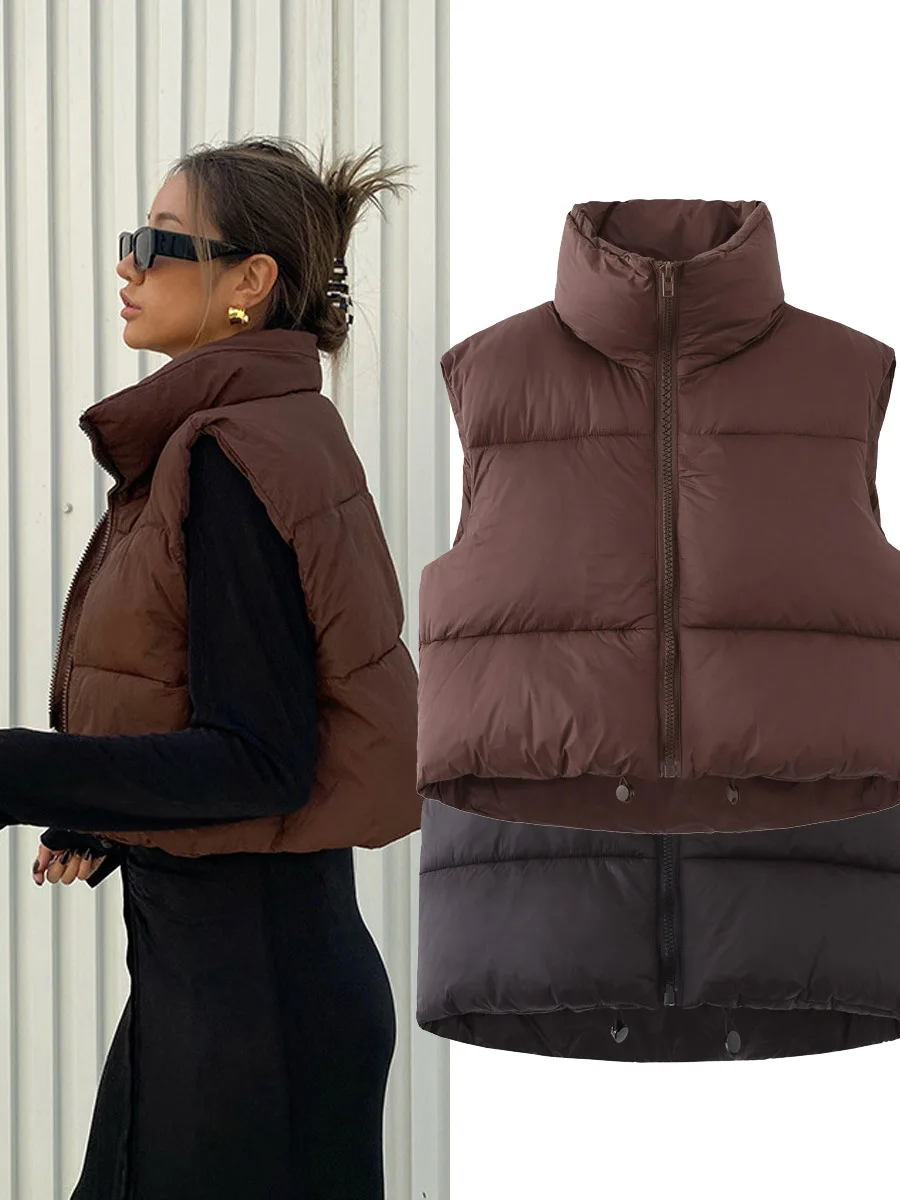 

TRAF Women Fashion Adjustable Hem Zip-up Crop Padded Waistcoat Vintage High Neck Sleeveless Female Outerwear Chic Vest Tops