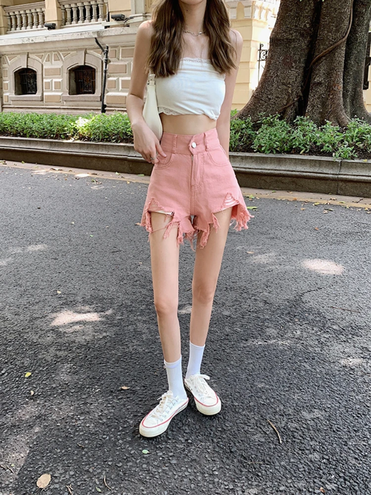 New Summer Women Fashion Holes Wide Leg Sexy Denim Shorts Lady Casual High Waist Pockets Solid Color Pink Jean Shorts