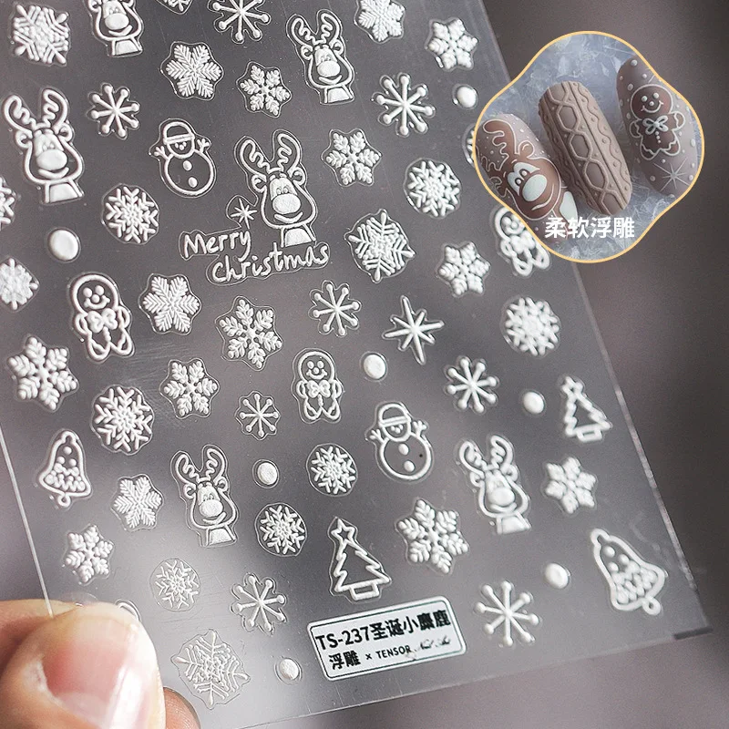 

5D New Craft Soft Embossed Nail Sticker Christmas Sweater White Rose Elk Snowman Butterfly Snowflake Nail Stickers