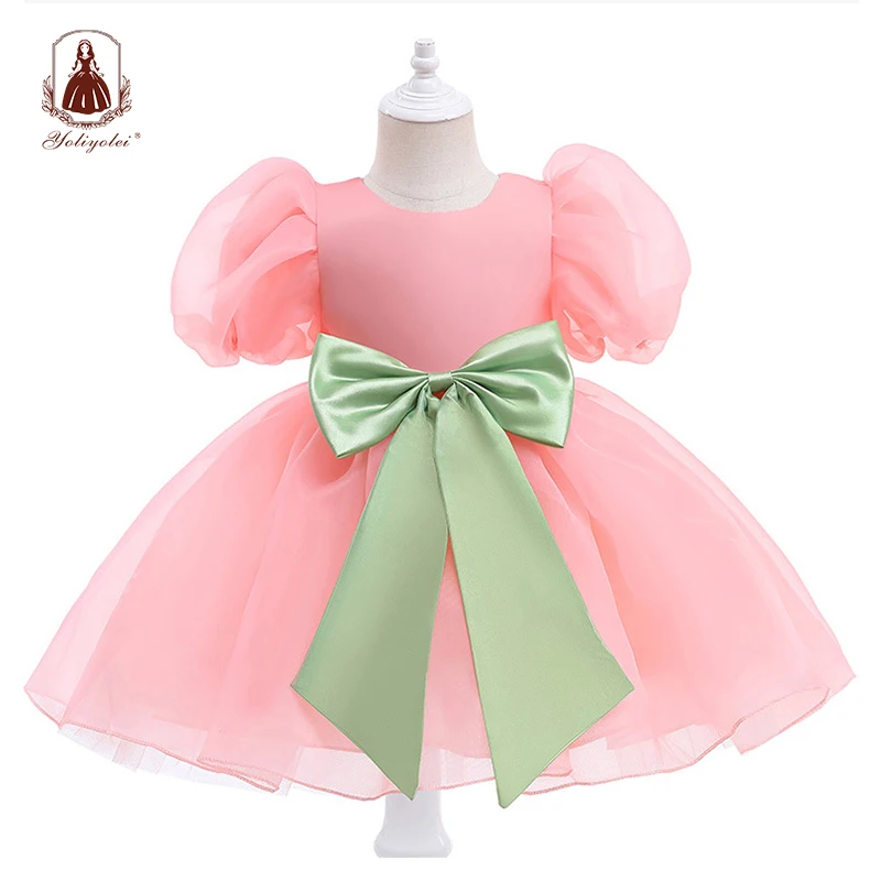 

Yoliyolei Organza Fluffy Birthday Party Princess Dress Elastic Puffy Sleeves V Neck Kids Dresses For Girls Pink Blue Maroon