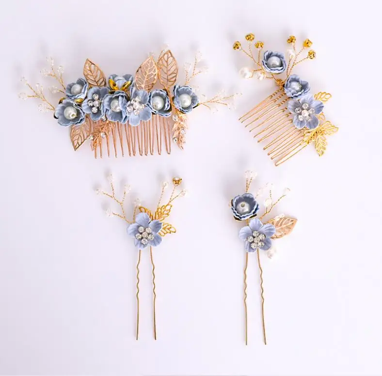 

Женский элегантный головной убор, голубой цветок, Женский комплект, расческа, свадебный головной убор