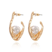 luxhoney fashion exaggerated gold silver plated wrinkle irregular water drop pearl c shape stud earrings for women ol in party