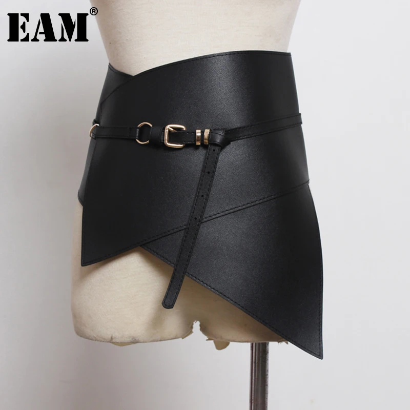 [EAM]  Pu Leather Black Irregular Spliced Wide Long Belt Personality Women New Fashion Tide All-match Spring Autumn 2023 1DF2098